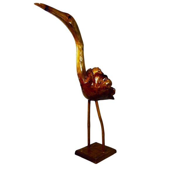 Burl Wood Folk Art Hand-Carved Wooden Egret Crane Water Bird Sculpture Nautical - Picture 1 of 6